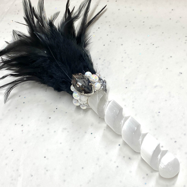 Magical Sparkle Black Feather Selenite Wand #W025