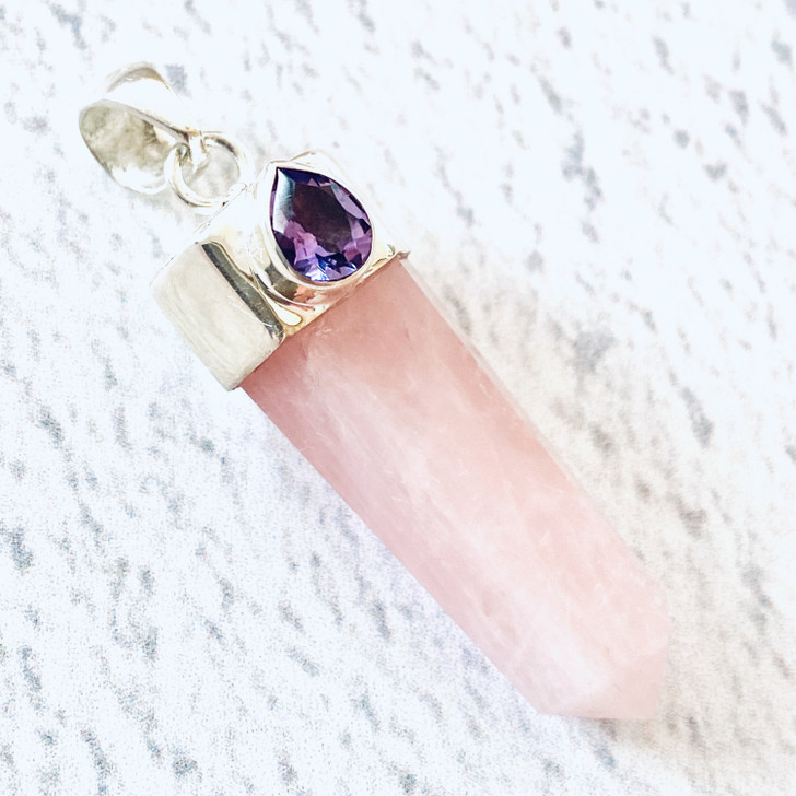 Rose Quartz Point with Faceted Amethyst Sterling Silver Pendant