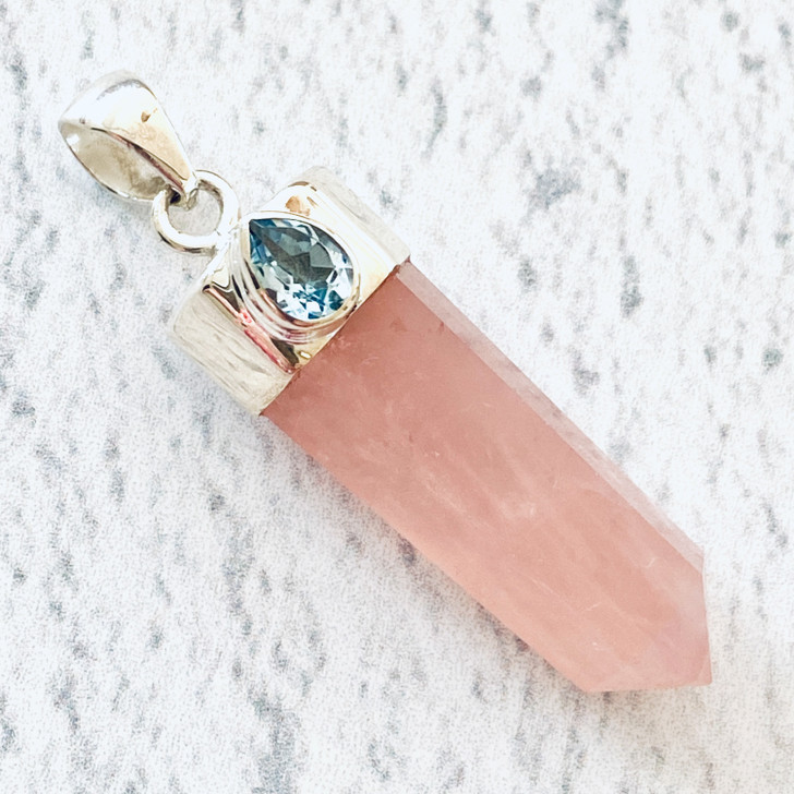 Rose Quartz Point with Faceted Blue Topaz Sterling Silver Pendant