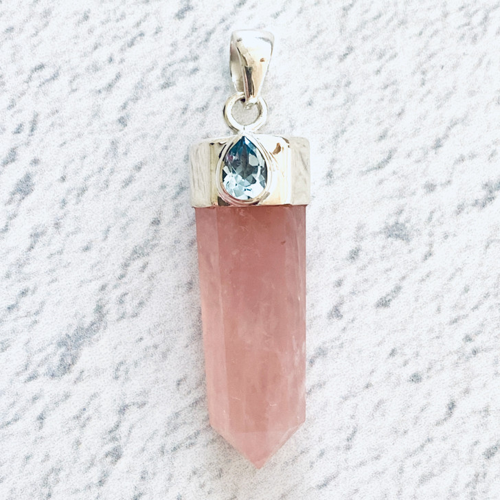 Rose Quartz Point with Faceted Blue Topaz Sterling Silver Pendant 