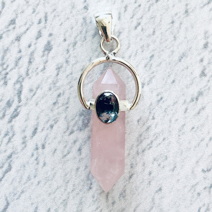 Rose Quartz Point with Faceted Blue Topaz Sterling Silver Pendant #3308