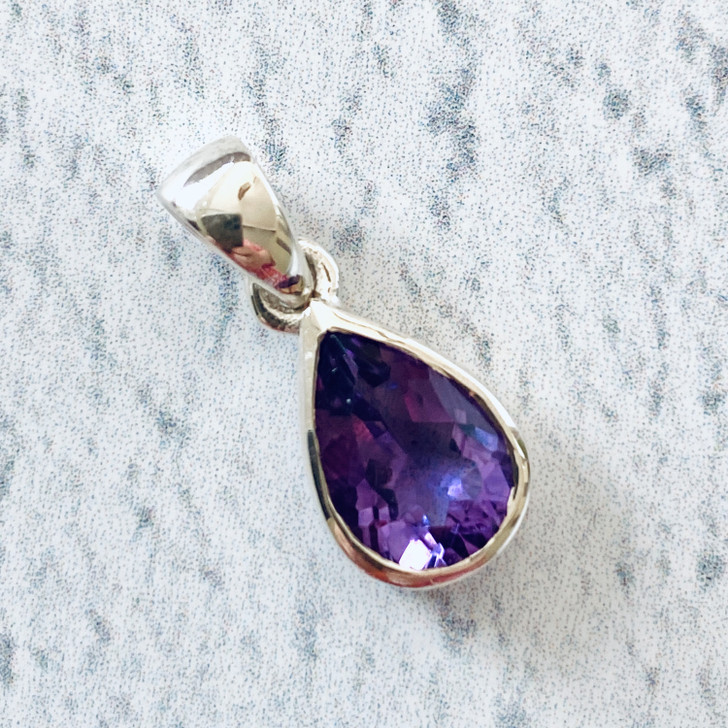 Amethyst Faceted Tear Drop Sterling Silver Pendant