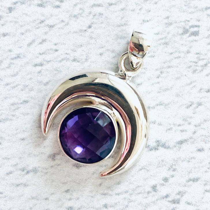 Amethyst Faceted Moon Sterling Silver Pendant