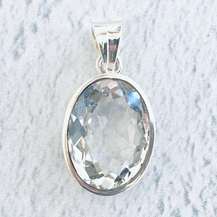 Clear Crystal Quartz Faceted Sterling Silver Pendant 