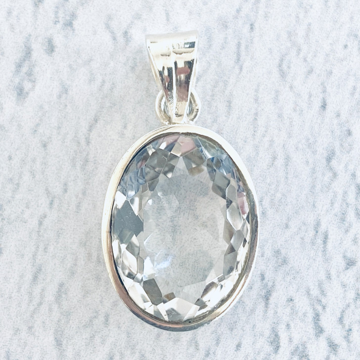 Clear Crystal Quartz Faceted Sterling Silver Pendant 