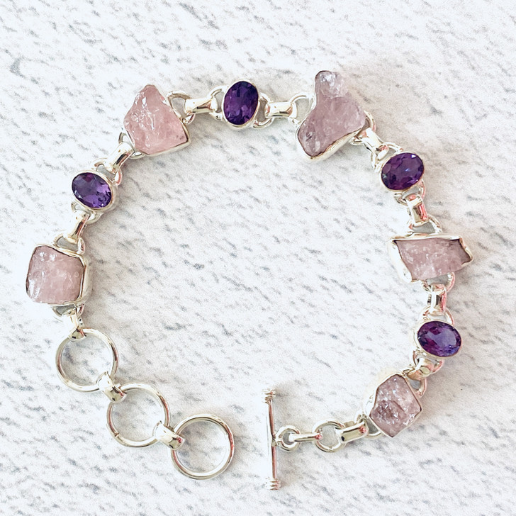 Morganite and Amethyst Sterling Silver Toggle Bracelet