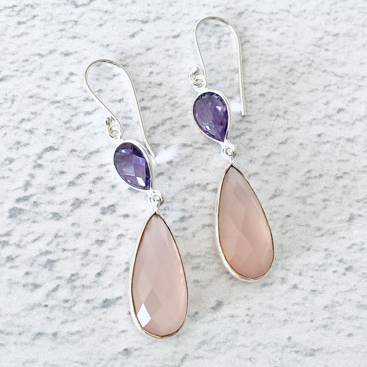 Amethyst and Pink Chalcedony Teardrop Sterling Silver Earrings 