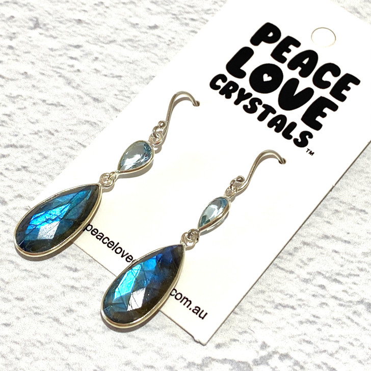 Labradorite and Faceted Blue Topaz Sterling Silver Earrings