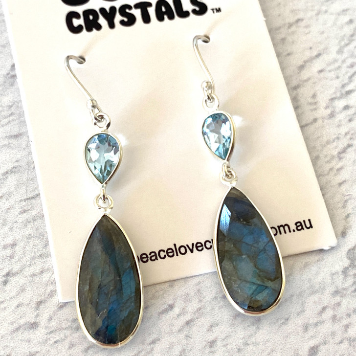 Labradorite and Faceted Blue Topaz Sterling Silver Earrings