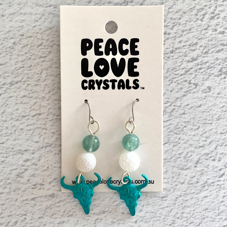 Teal Boho Bull Head Earrings – Green Fluorite & Agate