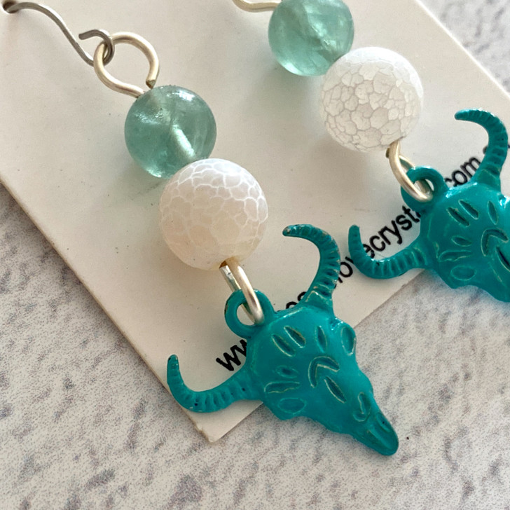 Teal Boho Bull Head Earrings – Green Fluorite & Agate