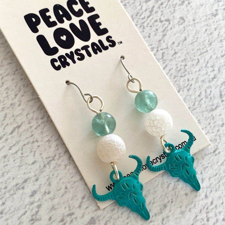 Teal Boho Bull Head Earrings – Green Fluorite & Agate