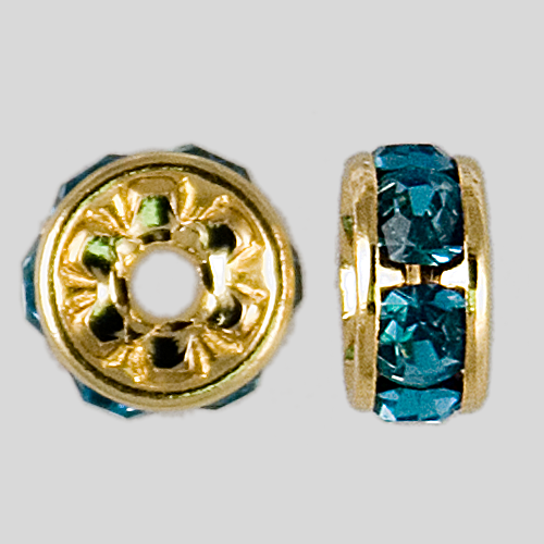 6mm Rhinestone Rondelle Aquamarine, Gold Plated - BEAD & TRIM