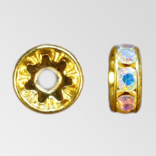 8mm Rhinestone Rondelle Crystal AB, Gold Plated Product