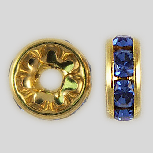 8mm Rhinestone Rondelle Sapphire, Gold Plated Product