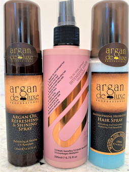 Hair Spray Bundle includes:
 Argan Deluxe Professional-10 n 1 Leave in Spray-
LEAVE IN nourishing treatment that can be used alone as a detangler and/or as a restorative styling product REPAIR dry and damaged hair to bring out natural luster while making hair stronger and healthier with every use PROTECT your hair from heat while smoothing, controlling frizz, preventing split ends and stopping hair breakage ENHANCE your hair's natural body while adding shine and leaving your hair soft, silky and bouncy COLOR SAFE seals and protects hair color while ingredients act as a natural sunscreen that guards against color fading and/or brassiness.
 The Argan Deluxe 10 in 1 spray Intensive Hair Treatment, offers 10 benefits ideal for all types of hair.  Fine, Dry, Bleached, Curly, Coily, Porus. Allow your hair to be repaired, volumized, luminous and easy to manage. Nourish and protect your hair during or after heat styling. Provide instant shine without leaving any oily residue. 6.85 oz.
10 benefits of multi-use Intensive Hair Treatment:
Repairs dry and damaged hair
Eliminates frizz
Protects from heat number
Provides smooth silky shiny hair finish 
Extends the life of hair color with UV protection 
Easier styling 
Incredible detangling number eight long lasting hair style number nine prevent split ends
Enhances natural hair texture
 
Argan Deluxe Professional Refreshing & Shining Spray plus UV Resistant-
The argan oil spray forms a layer of refreshing and non-greasy film that makes hair look conditioned and super shiny, and protects hair from full-spectrum UVA/UVB and other environmental damages.
Directions:
Shake the oil spray well before use. Spray onto damp or dry hair with an even, all-around motion. 3.38 oz.
 Argan Deluxe Instantshine Hydrating Hair Spray-
Instantshine Hydrating Hair Spray Feature Refreshing and Nourishing Repairing and Smoothing Description Instantshine Hydrating hair spray provides lustrous shine while conditioning your hair. Made with pure morocco Argan oil it naturally absorbs for rapid nourishment as it moisturizes and repairs. Specially contain double layer essence formula gives a refreshing finish with a lasting sleek shine. Use Guide Shake well before use. Spray onto damp or dry hair with an even, all-around motion 120ml packaging
 
Instant Shine Hydrating Hair Spray provides lustrous shine while conditioning your hair.
 Made with pure Moroccan Argan oil, it naturally absorbs for rapid nourishment as it moisturizes and repairs. Contains a special double layer essence formula giving a refreshing finish with a lasting sleek shine.
Directions: Shake well before use. Spray onto damp or dry hair with an even all around motion. 3.38 oz
  Hair Spray Bundle includes:
 Argan Deluxe Professional-10 n 1 Leave in Spray-
LEAVE IN nourishing treatment that can be used alone as a detangler and/or as a restorative styling product REPAIR dry and damaged hair to bring out natural luster while making hair stronger and healthier with every use PROTECT your hair from heat while smoothing, controlling frizz, preventing split ends and stopping hair breakage ENHANCE your hair's natural body while adding shine and leaving your hair soft, silky and bouncy COLOR SAFE seals and protects hair color while ingredients act as a natural sunscreen that guards against color fading and/or brassiness.
 The Argan Deluxe 10 in 1 spray Intensive Hair Treatment, offers 10 benefits ideal for all types of hair.  Fine, Dry, Bleached, Curly, Coily, Porus. Allow your hair to be repaired, volumized, luminous and easy to manage. Nourish and protect your hair during or after heat styling. Provide instant shine without leaving any oily residue. 6.85 oz.
10 benefits of multi-use Intensive Hair Treatment:
Repairs dry and damaged hair
Eliminates frizz
Protects from heat number
Provides smooth silky shiny hair finish 
Extends the life of hair color with UV protection 
Easier styling 
Incredible detangling number eight long lasting hair style number nine prevent split ends
Enhances natural hair texture
 
Argan Deluxe Professional Refreshing & Shining Spray plus UV Resistant-
The argan oil spray forms a layer of refreshing and non-greasy film that makes hair look conditioned and super shiny, and protects hair from full-spectrum UVA/UVB and other environmental damages.
Directions:
Shake the oil spray well before use. Spray onto damp or dry hair with an even, all-around motion. 3.38 oz.
 Argan Deluxe Instantshine Hydrating Hair Spray-
Instantshine Hydrating Hair Spray Feature Refreshing and Nourishing Repairing and Smoothing Description Instantshine Hydrating hair spray provides lustrous shine while conditioning your hair. Made with pure morocco Argan oil it naturally absorbs for rapid nourishment as it moisturizes and repairs. Specially contain double layer essence formula gives a refreshing finish with a lasting sleek shine. Use Guide Shake well before use. Spray onto damp or dry hair with an even, all-around motion 120ml packaging
 
Instant Shine Hydrating Hair Spray provides lustrous shine while conditioning your hair.
 Made with pure Moroccan Argan oil, it naturally absorbs for rapid nourishment as it moisturizes and repairs. Contains a special double layer essence formula giving a refreshing finish with a lasting sleek shine.
Directions: Shake well before use. Spray onto damp or dry hair with an even all around motion. 3.38 oz