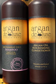 Argan Deluxe Anti-Dandruff Nourishing Shampoo- Relieves bothersome itching flaking and scaling with an extra- strength formula that helps to eliminate recurrence of these moderate symptoms.  Helps maintain a healthy scalp with the anti-dandruff shampoo that kills dandruff & controls itchiness & flaking. 

Cleans and Nourishes This argan oil shampoo gently cleanses the hair fiber, provides softness and detangles. Hair is nourished with Vitamin E, Omega 3 and Omega 9, and looks healthy and shiny from roots to ends. Directions: Distribute the Argan shampoo evenly through wet hair. Massage gently to lather. Rinse with warm water. Repeat if necessary. (16 oz.)
 
Argan Deluxe Nourishing Conditioner- Nourishes and Protects This argan oil conditioner provides instant nourishment, delivers shine, softness and suppleness to the hair. Fiber is protected against dryness and environmental damage. Directions: Distribute the argan oil conditioner evenly throughout shampooed and towel dried hair. Leave on for 2-3 minutes. Rinse thoroughly. (16 oz.)