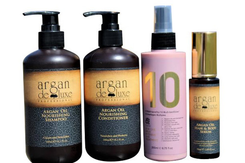 Wash and Go Luxury Bundle Includes:

Argan Deluxe Nourishing Shampoo 10 oz.

Cleans and Nourishes This argan oil shampoo gently cleanses the hair fiber, provides softness and detangles. Hair is nourished with Vitamin E, Omega 3 and Omega 9, and looks healthy and shiny from roots to ends. Directions: Distribute the argan shampoo evenly through wet hair. Massage gently to lather. Rinse with warm water. Repeat if necessary. 10 oz. 1-

Argan Deluxe Nourishing Conditioner 10 oz.

Nourishes and Protects This argan oil conditioner provides instant nourishment, delivers shine, softness and suppleness to the hair. Fiber is protected against dryness and environmental damage. Directions: Distribute the argan oil conditioner evenly throughout shampooed and towel dried hair. Leave on for 2-3 minutes. Rinse thoroughly.

10 n 1 Leave in Spray 6.75 oz.

LEAVE IN nourishing treatment that can be used alone as a detangler and/or as a restorative styling product REPAIR dry and damaged hair to bring out natural luster while making hair stronger and healthier with every use PROTECT your hair from heat while smoothing, controlling frizz, preventing split ends and stopping hair breakage ENHANCE your hair's natural body while adding shine and leaving your hair soft, silky and bouncy COLOR SAFE seals and protects hair color while ingredients act as a natural sunscreen that guards against color fading and/or brassiness 

1-Moroccan Argan Oil Hair and Body Serum 1.69 oz. Moroccan Argan oil Repairs, softens and strengthens dry, brittle, frizzy, overworked hair Not oily or greasy and there's no buildup to make your hair heavy and flat Reduces drying time (40-50%) Encourages healthier hair growth Argan oil is produced using the highest standards in the industry, with the only agricultural source of Argan oil in the world. MANY USES: Apply to face for deep moisturizing that provides a radiant and glamorous glow. Apply to dry, damaged, or brittle hair for a shiny, lustrous, celebrity look.