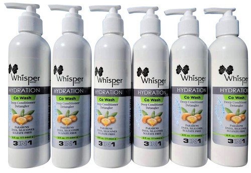 Whisper Whip Hydration can be used as a Co Wash, Deep Conditioner, or a Leave in styling cream. 
(6 PACK BUNDLE EACH BOTTLE 8OZ.)

As a Co Wash: Apply a generous amount of Whisper Whip to hair strands using your fingers to detangle and define your curls. Massage scalp last. Rinse then repeat.

As a Deep Conditioner: Apply a generous amount of Whisper Whip to hair strands using fingers to detangle and define your curls. Wrap hair in a plastic cap then sit under a warm dryer for 25 minutes. Rinse then proceed with your styling products.

As a Leave in styling cream. Apply desired amount of Whisper Whip to your hair and define curls. Do not rinse.
Its rich formula leaves your hair feeling soft and less likely to break.

Ingredients: Water Coconut Oil, Olive Oil, Shea Butter Oil, Jojoba Oil, Keratin Enzymes, cetyl alchohol, Steralkonium Chloride, Propyline Glycol, DMDM Hydantoin, Dicetyldimonium Chloride, Polysorbate 20, Fragrance (Parfum), Citric Acid, Blue 1 (Cl 42090), Red 33 (CI 1)7200), Red 4 (Cl 14700), C1 19140 (Yellow #5), Honey Miel, Hydrolyzed Keratin, Prunus Amygdalus Dulcis (Sweet Almond)

 
REVIEWS:
5 stars Great Hair Product-Whisper Whip
By Holistic Hippie Momma of 2 Toddlerson March 31, 2017
Verified Purchase
Man I love this stuff! I'm of mixed race (Caribbean, Scottish, Peruvian) and my kids are half American Black and my mix, and this just works wonders for our hair. It has a super sweet smell, but not over powering. It feels light going into our hair as well.
We use this as a cowash and a leave in, and I just love it. Definitely worth the $20. I usually can't bring myself to spend more than five bucks on hair products, but this lasts, smells good, is light, and is well worth the price.
 
 
5 stars Whisper whip gets out the tangles and an easy way to do a co-wash and I love the ...
By Amazon Customer 
Verified Purchase
Whisper whip gets out the tangles and an easy way to do a co-wash and I love the smell, it's very clean . My godmother uses it and she is gray but she loves how it leaves it white, no yellowing
 
 
5 stars Whisper Whip It detangle very well and work good as a leave in and a co-wash
By Amazon Customer on 
Verified Purchase
It detangle very well and work good as a leave in and a co-wash. If only I could get a second version without protein for the times my lo-po hair doesn't need it.
 
5 stars Whisper Whip
By Mackon 
Verified Purchase
Excellent product. I use it as a cowash. It leaves my hair soft, moisturized and manageable.
 
5 stars Great Hair Product! Whisper Whip
By Amazon Customer on 
Verified Purchase
Love this product, I use it to co-wash. Makes my hair shiny, soft and easy to manage.