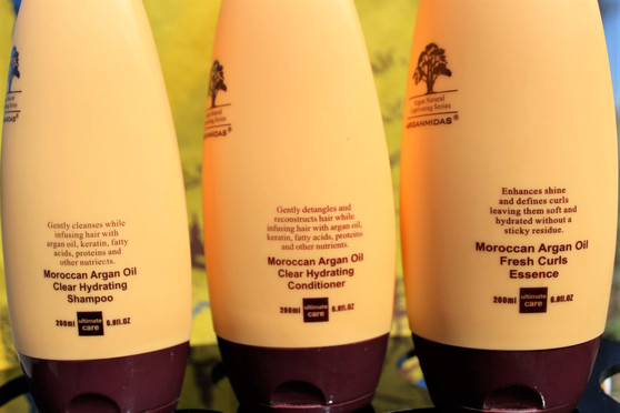 Bundle Includes: Shampoo(6oz.) Conditioner(6oz.) Moisturizing  Cream(6oz.)

1-Moroccan Argan oil shampoo gently cleanses the hair fiber, provides softness and detangles. Hair is nourished with Vitamin E, Omega 3 and Omega 9, and looks healthy and shiny from roots to ends. Nourishing Shampoo is designed to all hair types and is excellent for dry, damaged hair. Gently cleanses chemically treated hair.

1-Moroccan Argan Oil hydrating conditioner repairs weak, dry and damaged hair.
Rebuild and revitalize your hair, whether it is perfectly healthy or suffering from heat or color damage. Leaves your hair with a wonderful feel of silky and lustrous shine. Completely hydrated and full of elasticity.

1- Fresh Moisturizing Cream the perfect solution for the those with curly or wavy hair. -Infused with Argan oil, naturally rich in Vitamin E that has been shown to help improve and strengthen hair strands. -Advanced technology and curl memory that give the ultimate hold while still retaining lightweight bounce and brilliant shine. Moisturizing Cream is a dream come true for anyone with uncontrollable and frizzy curls or waves. Control your hair, don't let it control you!