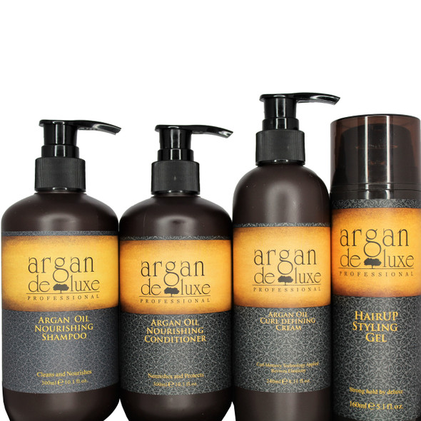 Argan Deluxe Professional Moroccan Oil Nourishing Shampoo Sulfate Free
This Argan Oil shampoo gently cleanses the hair fiber, provides softness and detangles. Hair is nourished with Vitamin E, Omega 3 and Omega 9, and looks healthy and shiny from roots to ends.
10oz.

Argan Deluxe Moroccan Oil Ultra Hydrating & Nourishing Conditioner
This Argan Oil conditioner provides instant nourishment, delivers shine, softness and suppleness to the hair. Fiber is protected against dryness and environmental damage. 10 oz.

Argan Deluxe Professional Curl defining Cream applies the latest Curl Memory Technology which softens the hair fiber, detangles and fights against heat and humidity damage. The Argan oil conditioning agents penetrate into the inside of hair quickly, revives elasticity and health, leaving hair extremely supple and flowing.
-Curl Memory Technology
-Revives Elasticity
Directions: Apply proper amount to towel-dried or dry hair, focusing on mid-lengths and ends. Style as usual. 10oz.

Argan Deluxe Hairup Styling Gel
This hydrating strong hold and long-lasting styling gel for smooth and structured looks. HairUp Styling Gel helps set in styles from smooth straight to voluminous body for both wet and dry styles.
It's argan oil-infused formula offers flexible control, with an ultimate shine and no build up or flaking.

Directions: Squeeze on damp hair to set, sculpt tame or twist a fearless finish. Apply to dry hair for ultra-hold and control.
5 oz.