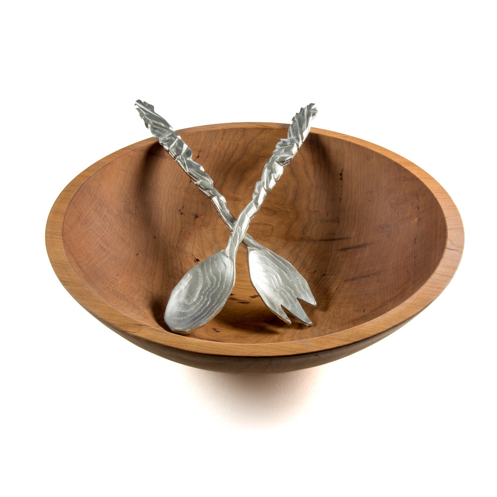 Pewter Salad Servers with Handturned Cherry Wood Bowl Joy Stember