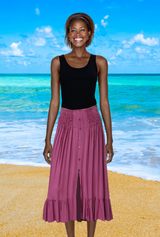 Tanya long summer skirt, Stone, Shirring waist , light cool comfortable rayon fabric