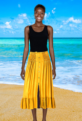 Tanya long summer skirt, Mustard, Shirring waist , light cool comfortable rayon fabric