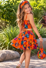 Elizabeth butterfly orange Kids 4-piece set, Top and Skirt with Matching bag and Headband, wholesale