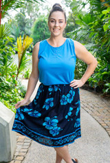 Lenah elastic waist skirt with pockets in cool rayon fabric, hibiscus turquoise print