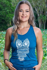 Ash Y Back Ladies Singlet, Turquoise Owl Printed Design