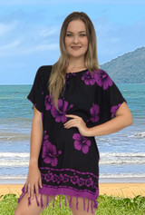 Fringe Hibiscus Ladies Top,  Black and Purple Patterned  fabric.