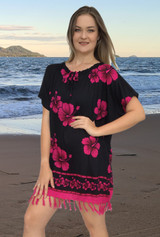 Fringe Hibiscus Ladies Top,  Black and Pink patterned fabric.