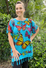 Fringe Butterfly Ladies Top, Turquoise and Multi-coloured  patterned fabric.