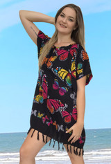 Fringe Butterfly Ladies Top, Black and Multi-coloured  patterned fabric.