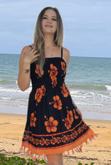 ladies Summer  Anna Shirring Dress, black fabric with orange hibiscus print.