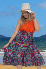 Tanya Boho rose Navy skirt with shirring at waist. super comfy buy wholesale from Australia
