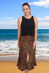 Tanya long summer skirt, Leo Brown Black, Shirring waist , light cool comfortable rayon fabric