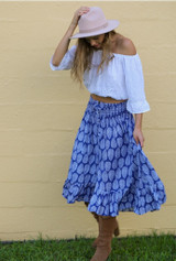 Tanya long summer skirt, Large Leaf Royal/White, Shirring waist, light cool comfortable rayon fabric