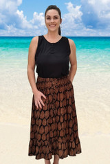Tanya long summer skirt, Large Leaf Black/Chocolate, Shirring waist, light cool comfortable rayon fabric