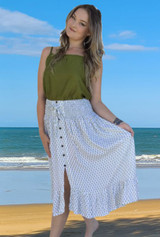 Tanya long summer skirt, Indian Leaf White/Khaki, Shirring waist , light cool comfortable rayon fabric