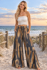 Sky flared elastic waist long pants Grey Brown
