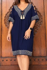 Camila dress navy with embroidery on neck sleeve and hem, relaxed fit for sizes 14 to 18