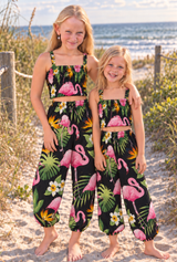 Jasmine flamingo kids set shirring top and genie pants elastic waist and ankles Color turquoise flamingo buy wholesale from Australia