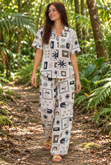 Adele 2 piece shirt and pants set. Print sun eye. Shirt can be worn open with a tank top or boob tube