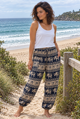 buy wholesale from Australia, Elephant print long pants, harem style, elastic waist, elastic ankles, color black print