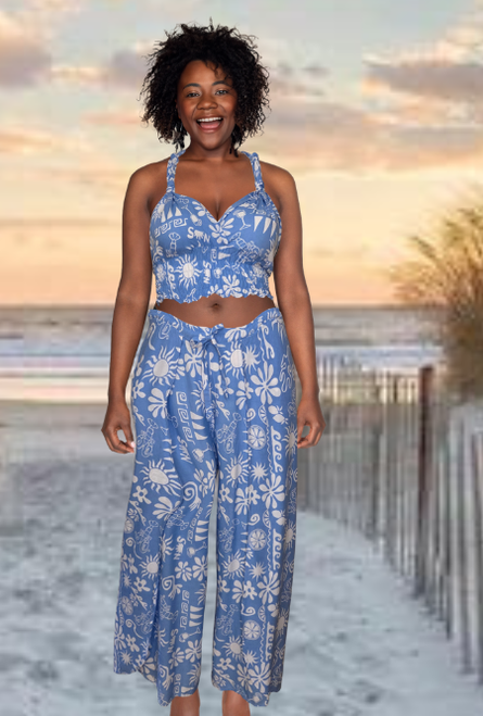 halter top and skirt pants set turquoise print front wholesale from Australia