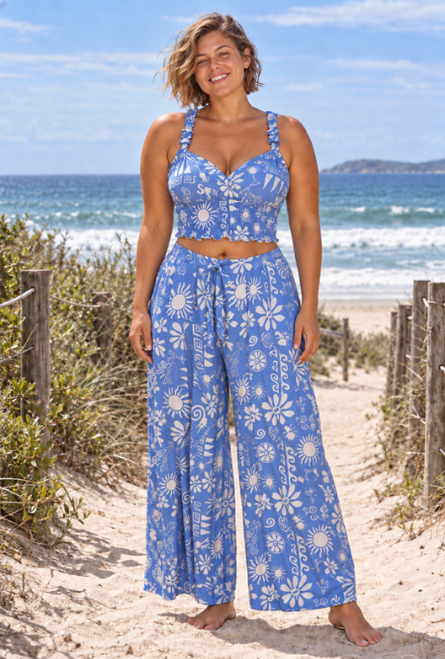 halter top and pants set turquoise print front wholesale from Australia