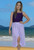 Tanya long summer skirt, Indian Leaf White/Purple, Shirring waist , light cool comfortable rayon fabric