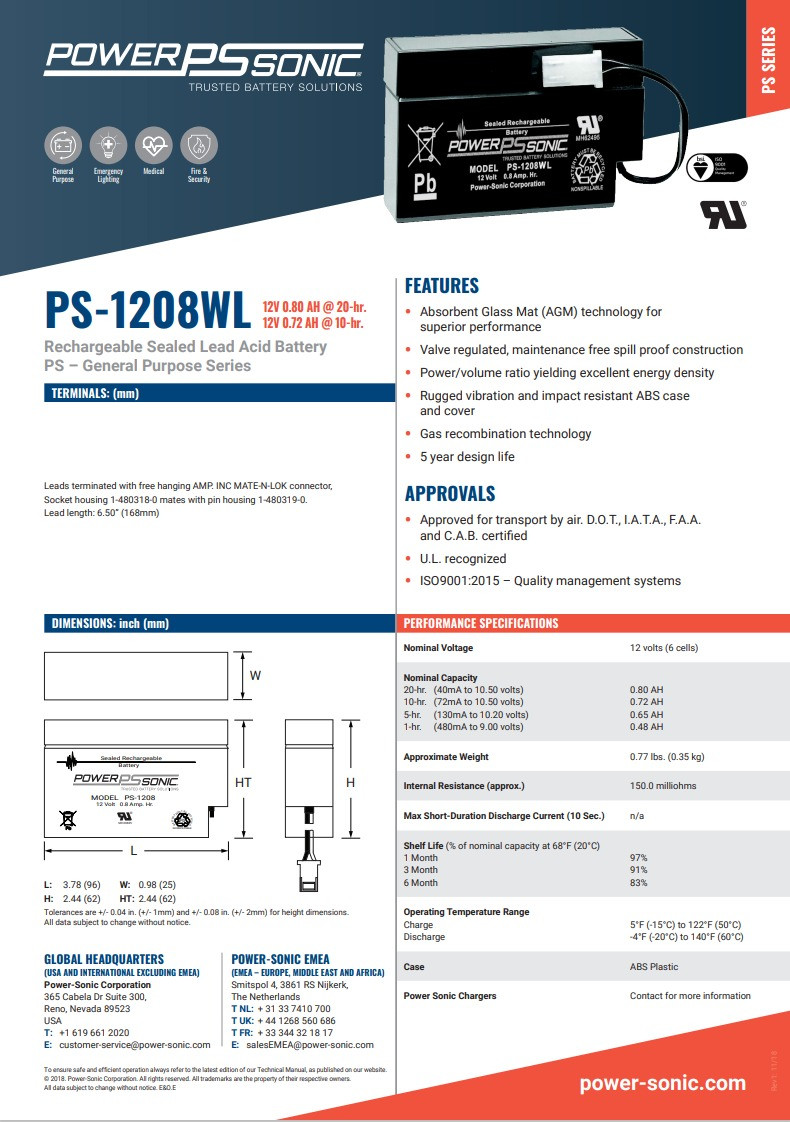 Power sonic
MODEL-TBS-4106STⅡ Powersonic PG-12V28FR Long Life Sealed Lead Acid Battery,12V/28AH